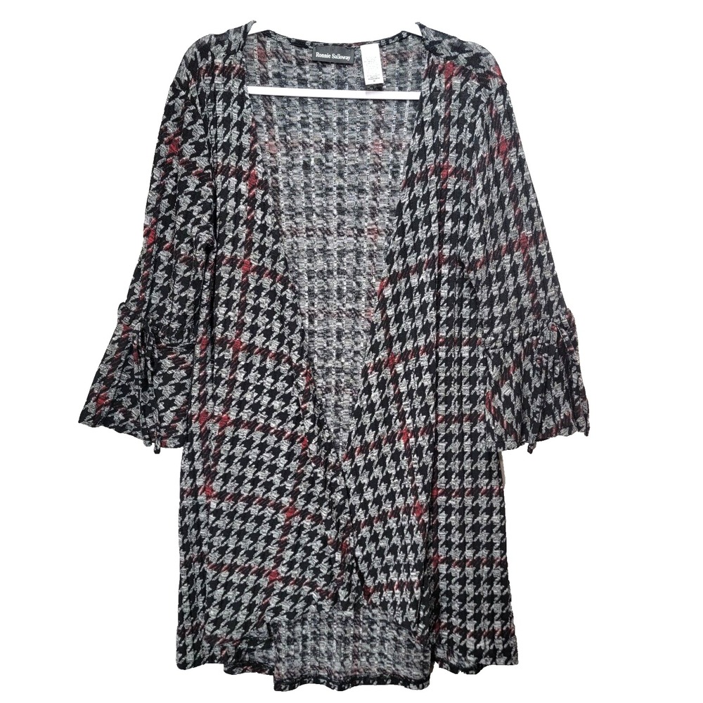Ronnie Salloway Houndstooth Cardigan Knit Women M Open‎ Gray Bell Sleeve Long